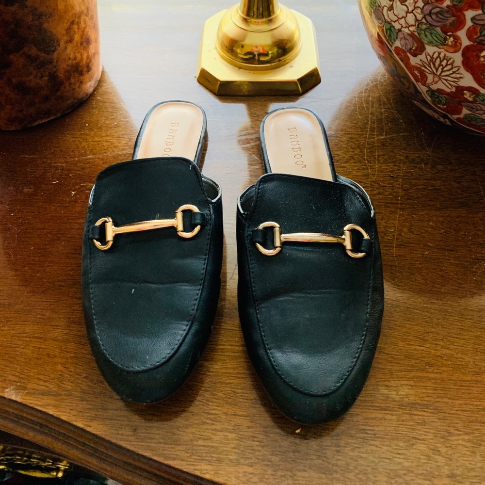 Bamboo brand black mules with gold buckle size 7
